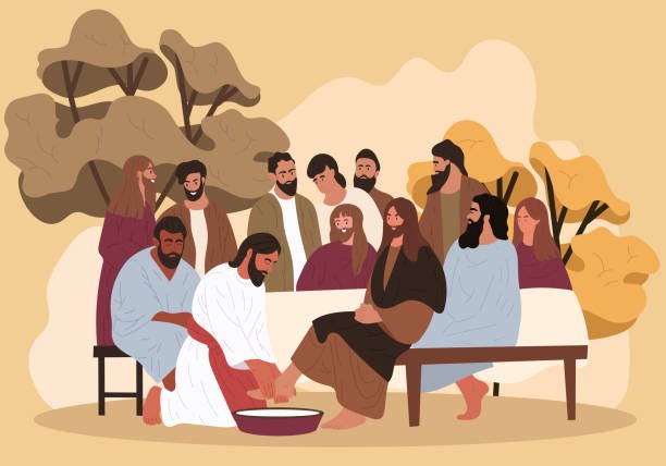 Illustration of Jesus washing the feet of his disciples, symbolizing humility and service, as explained by Bible Digest.