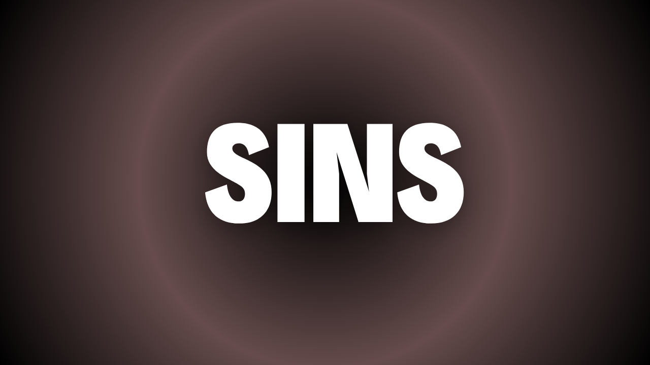 The word 'SINS' in bold white letters on a dark gradient background, highlighting the concept of sin and redemption. Bible Digest.